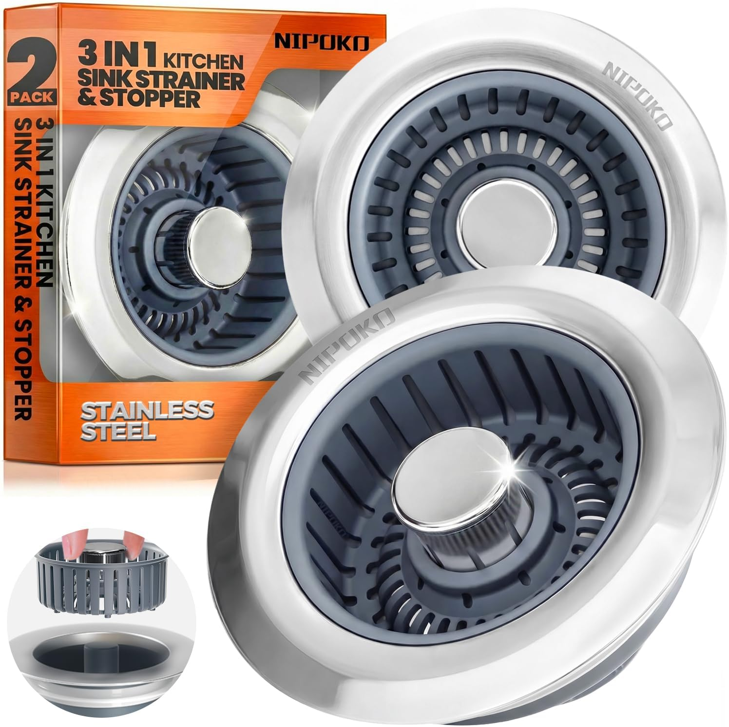 3 in 1 Kitchen Sink Drain Strainer Stopper Basket Pop up Silver | Kitchen Sink Accessories Strainer Basket 2 Pack Silver,Stainless Steel Anti-Clog Catcher, Odor-Blocking Seal Fits 3.5" Drain