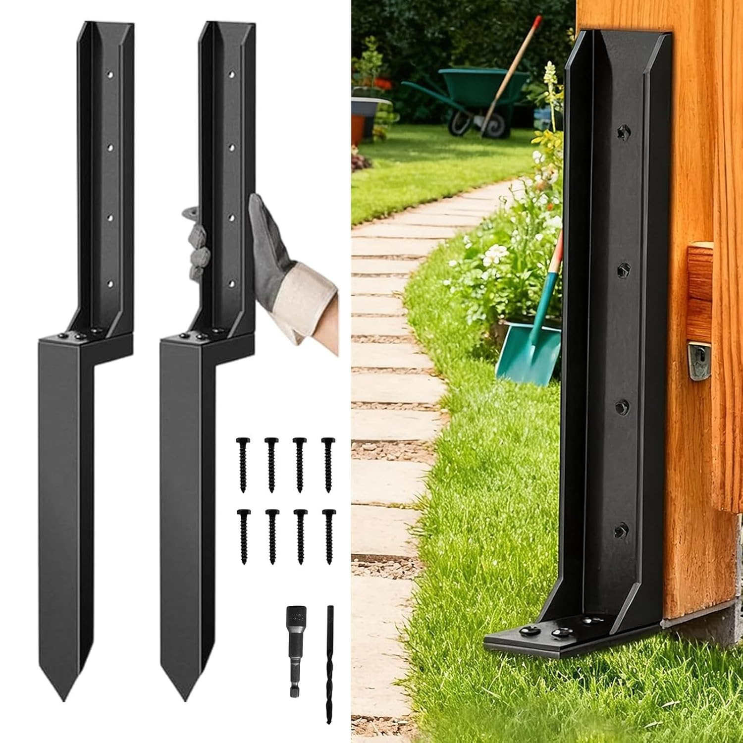 2PCS Fence Post Repair Kit, Heavy Duty Fence Post Anchor Quick Fix for Broken/Leaning Wooden Fence, Easy to Install, Black