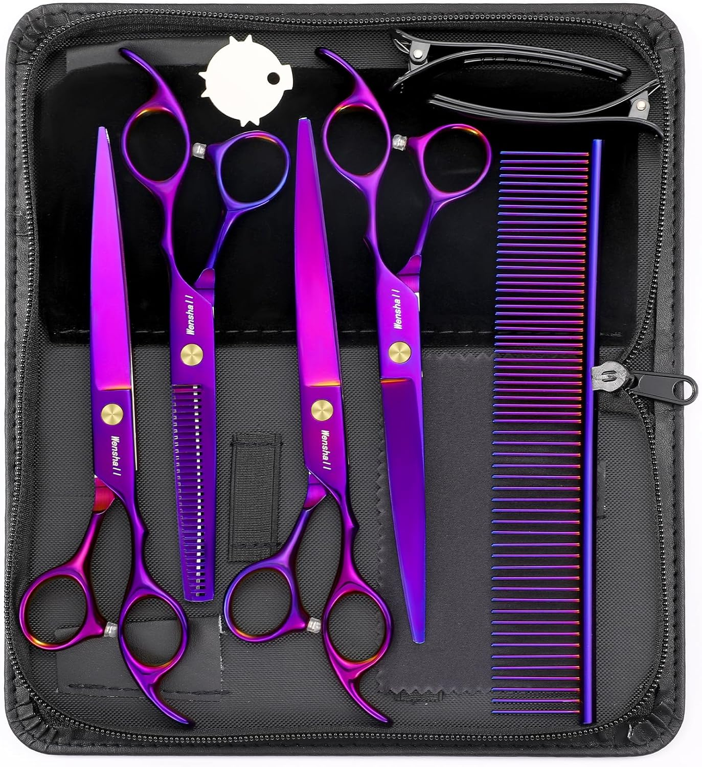 Professional Dog Grooming Scissors Set, 7.0 Inch Titanium Straight & Thinning & Curved Scissors and Comb for Dog Grooming (Purple)