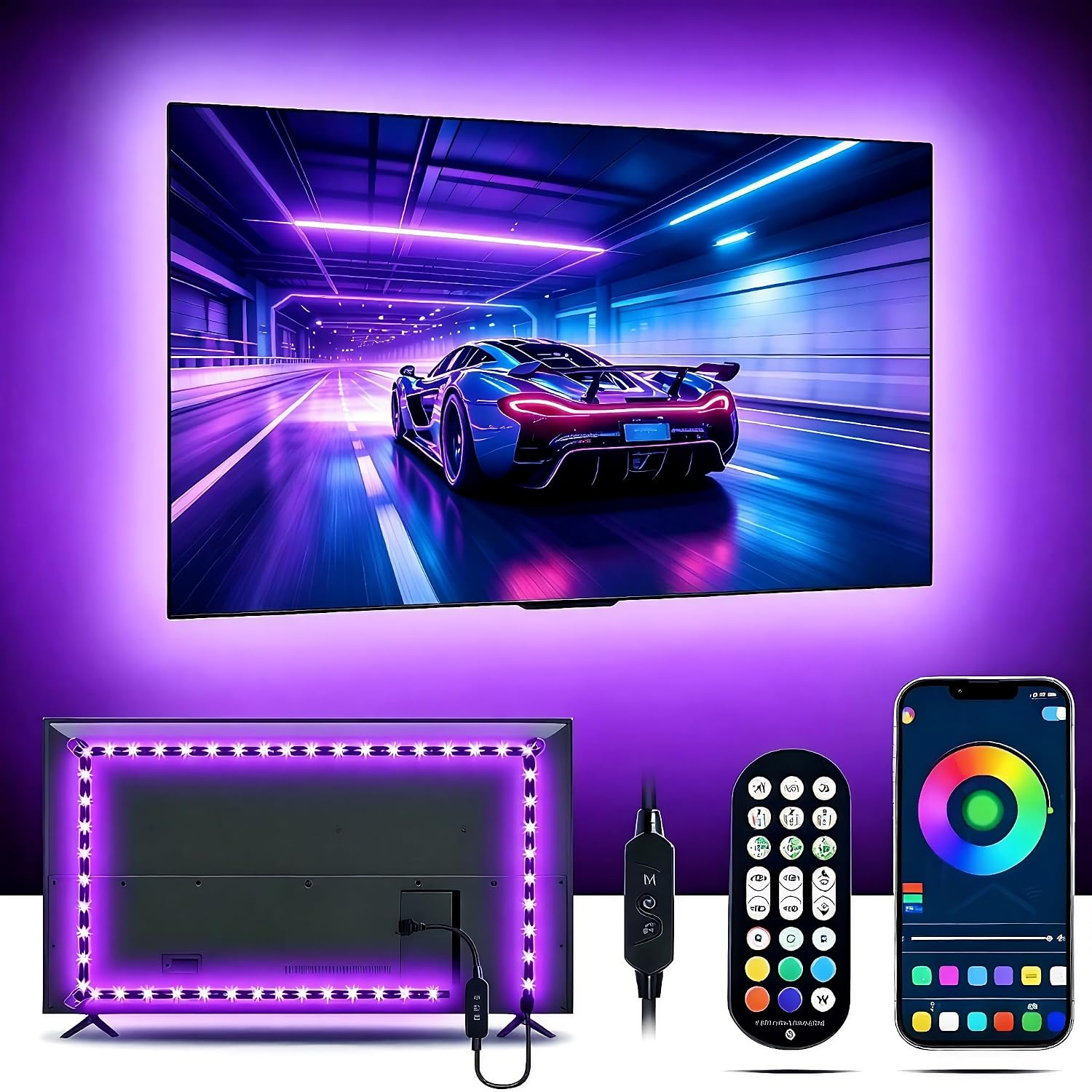 TV LED Lights, 4M USB Strip Lights Backlights for 43-55 Inch, LED TV Lights with Remote, Bluetooth APP Control Colour Changing & Music Sync, USB Powered for Hoom Gaming Room Decor