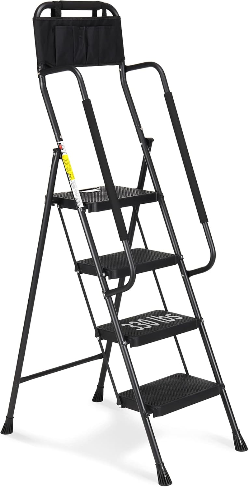 Hbtower Step Ladder with Handrails, Folding Step Stool with Attachable Tool Bag & Anti-Slip Wide Pedal for Home Kitchen Pantry Office, Black
