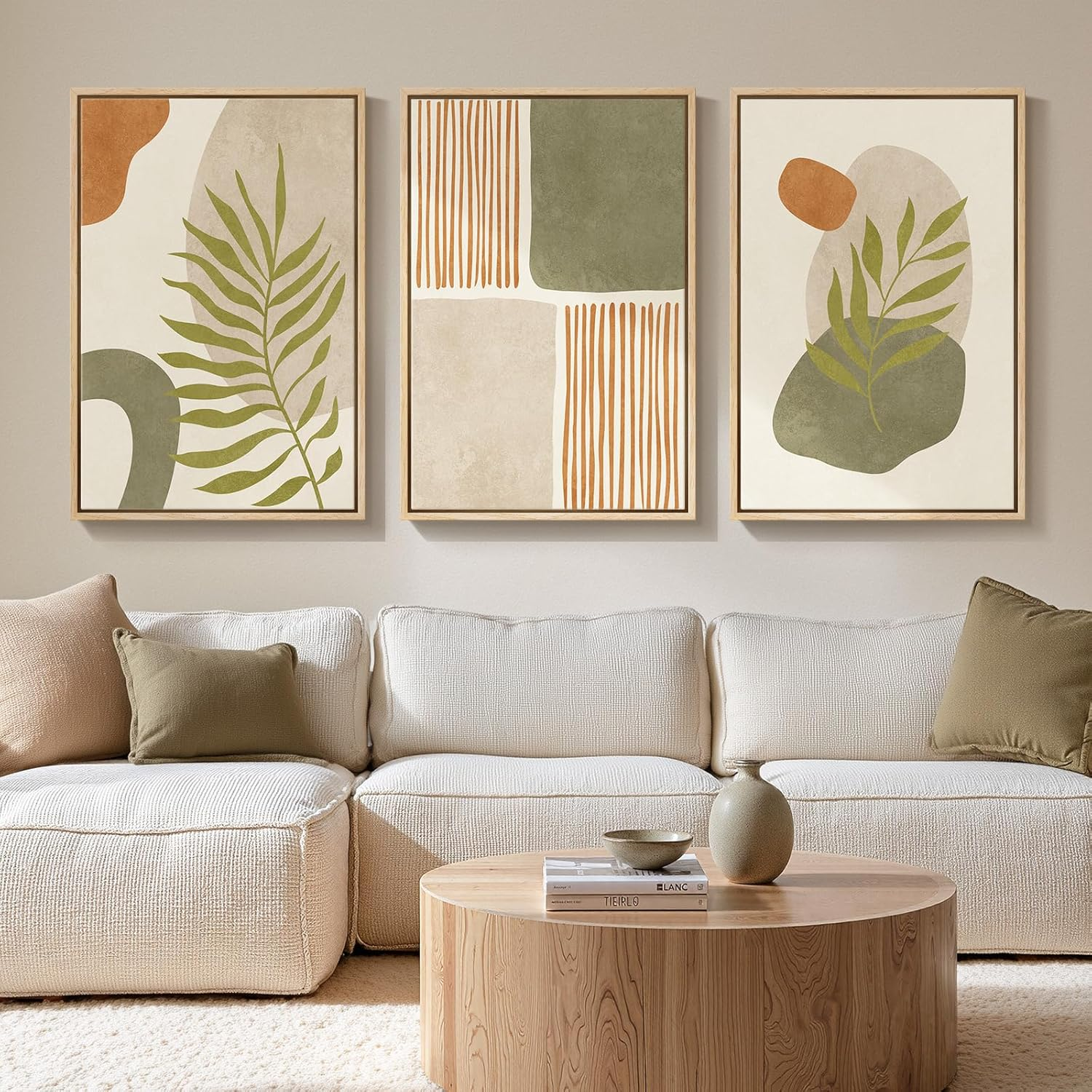 Large Framed Tropical Boho Wall Art for Living Room, 3 Piece Mid Century Modern Sage Green Canvas Artwork for Walls, Bohemian Prints Pictures Wall Decor for Bedroom Home Office Hallway, 20X30 Inch