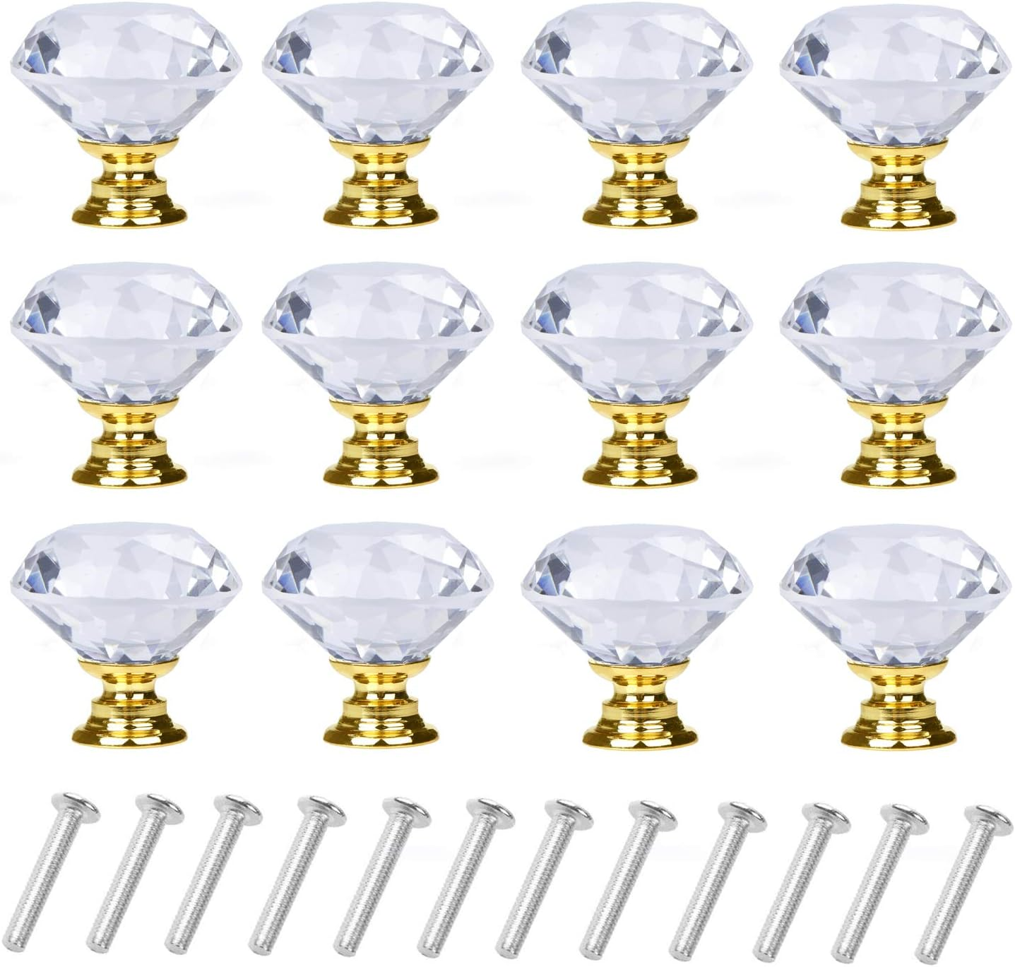 12 Pack Drawer Knobs Diamond Shaped Crystal Glass 30mm Cabinet Knobs Pull Handles (Gold)