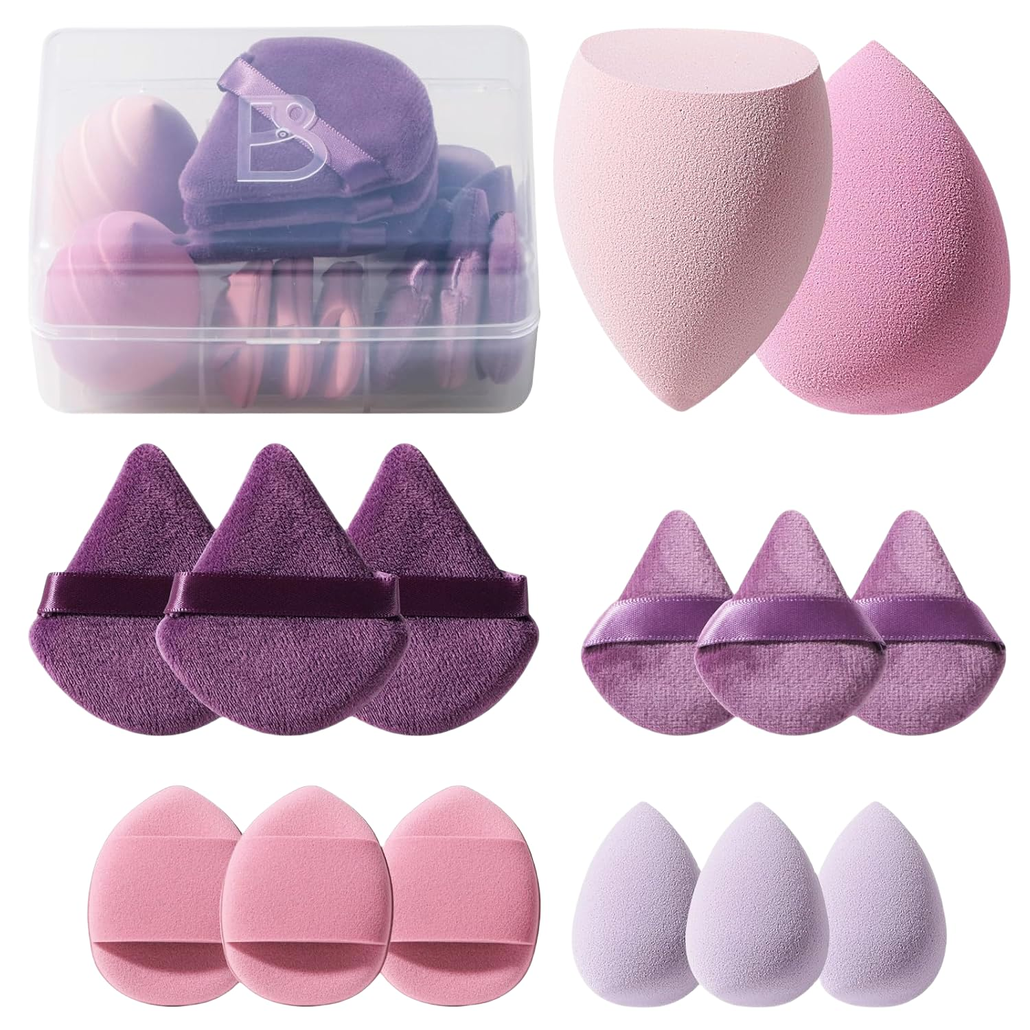 Makeup Sponge Set  Triangle Puff 14 Pcs for Liquid, Cream, and Powder, Multi-Colored Makeup Sponges and Mini Sponge with Case (A-Purple)