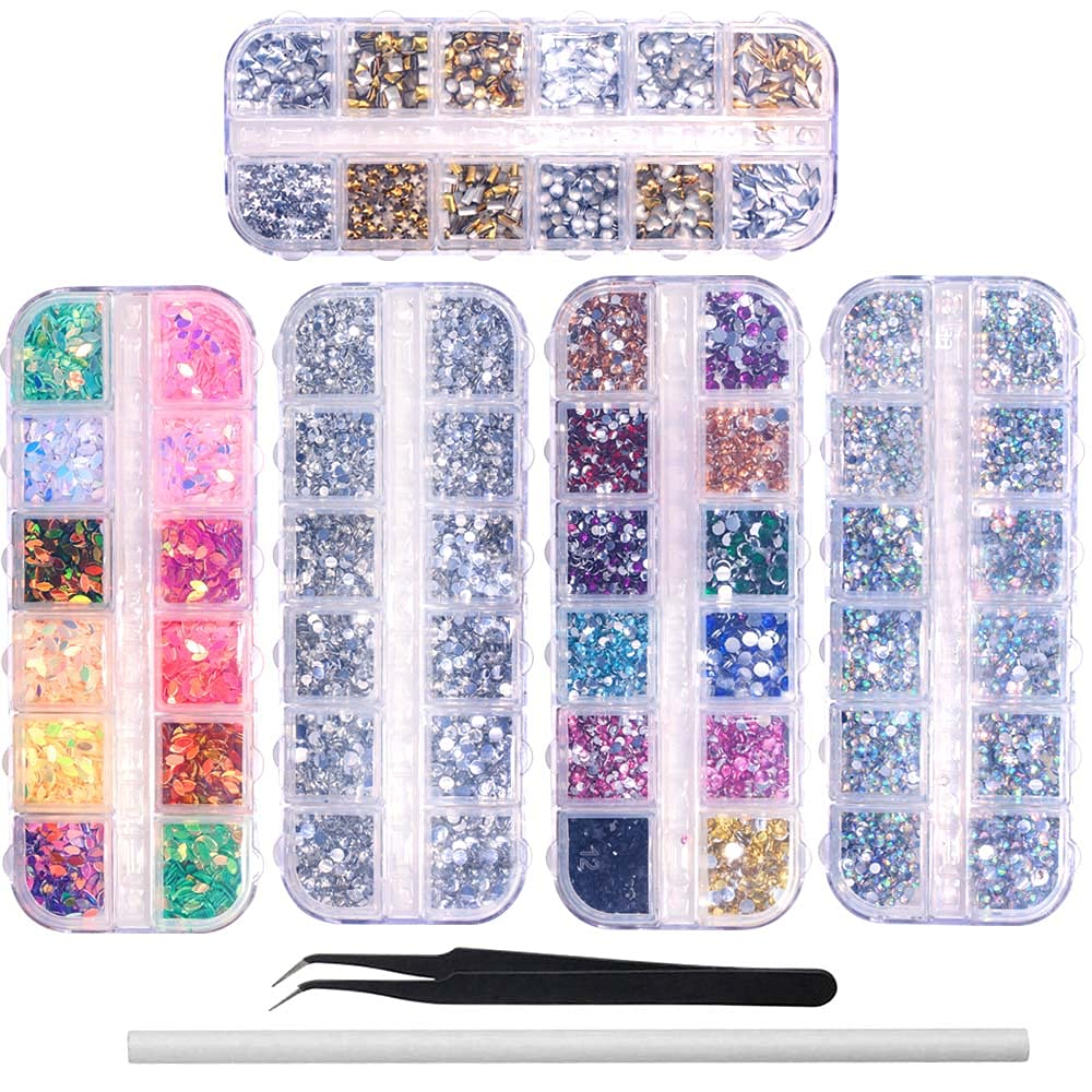 6400Pcs Nail Art Rhinestones, Nail Crystal Gems Nail Diamonds, Gold Silver Nail Studs Colorful Nail Sequins & Rhinestones for Nails Kit with Tweezers and Wax Pen for Nail Art Supplies Accessories
