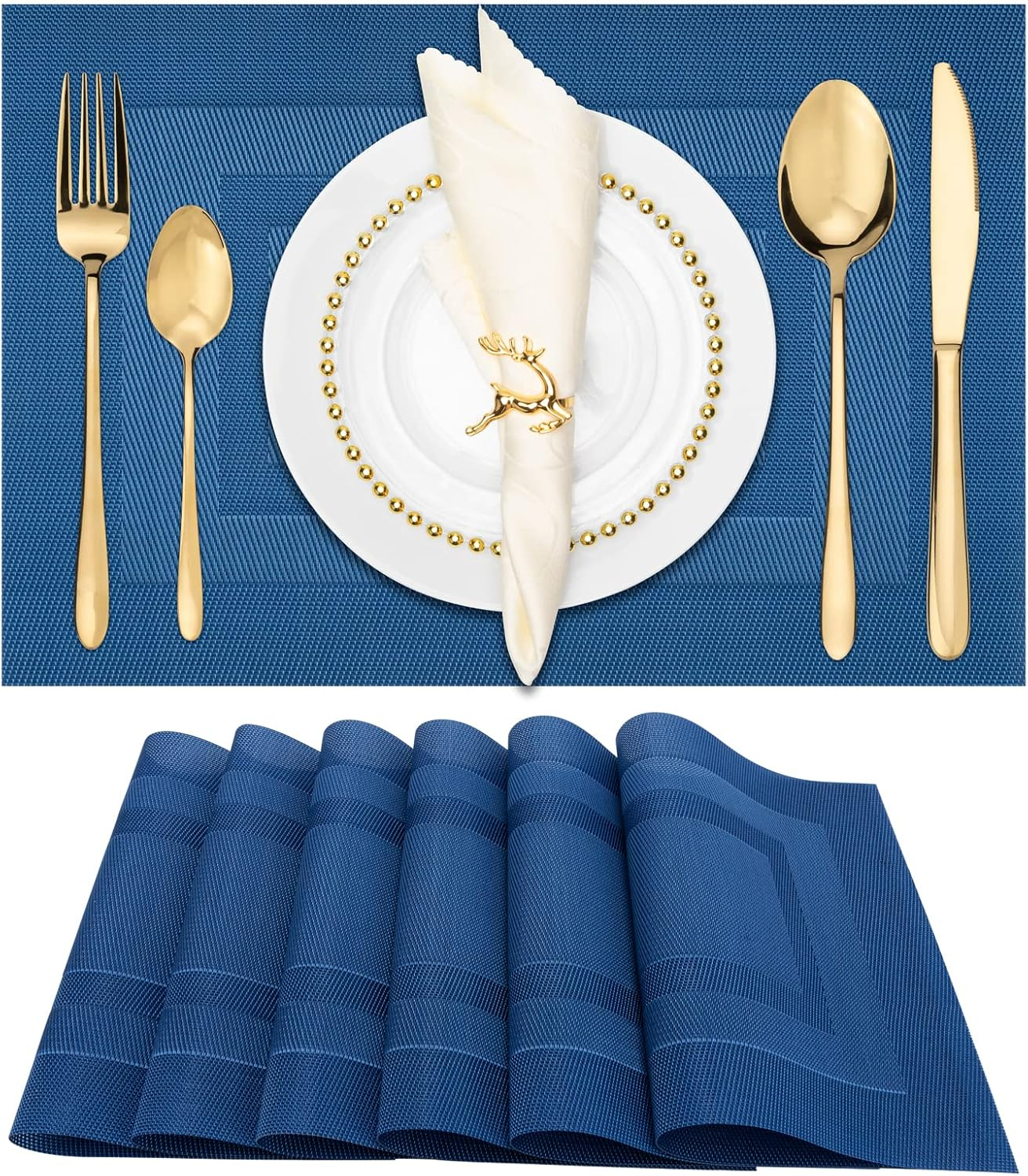 Dining Placemats Set of 6, Washable Heat & Stain Resistant Woven Vinyl Table Mats,Elegant Stylish Placemats for Everyday Meals and Entertaining (Navy Blue)