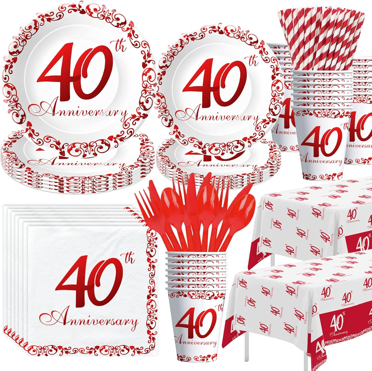 40Th Anniversary Decorations Tableware - Ruby 40Th Wedding Anniversary Party Supplies, Paper Plates, Cups, Napkins, Tablecloth, Cutlery, Straws | Serves 24