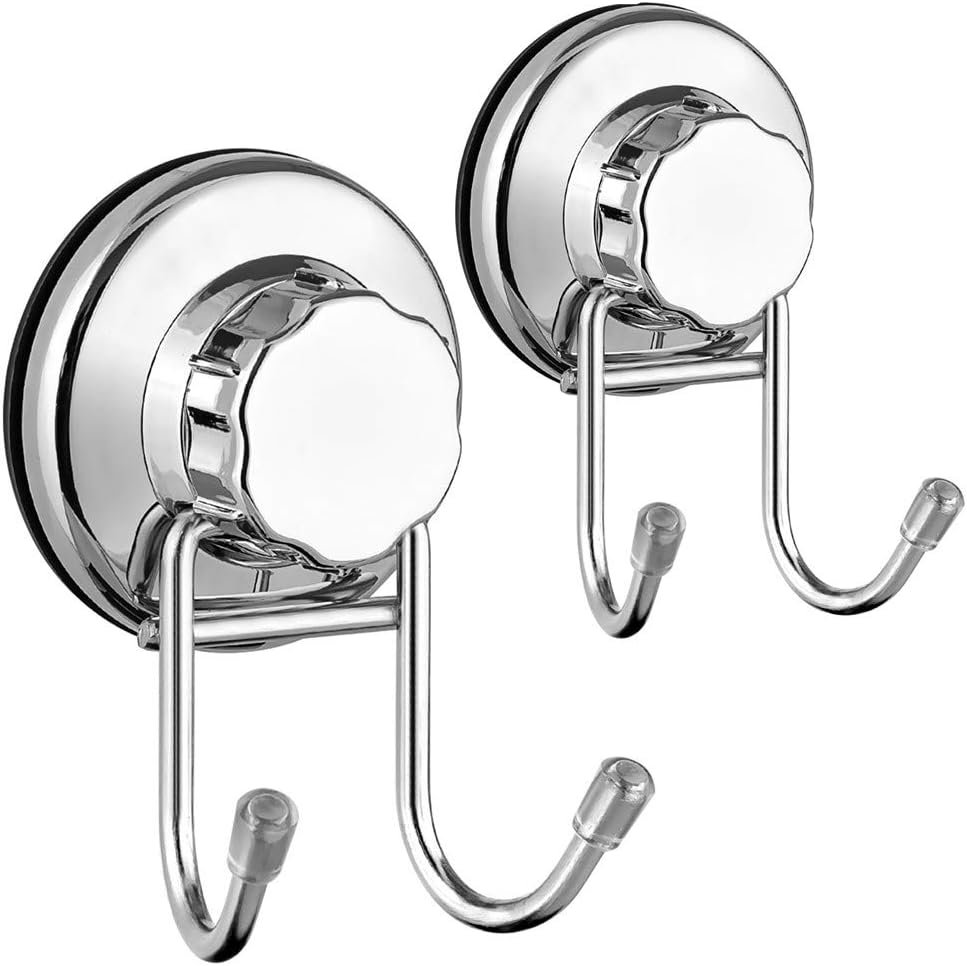 SANNO Double Suction Hooks Suction Cups Vacuum Hook for Flat Smooth Wall Surface Towel Robe Bathroom Kitchen Shower Bath Coat, Stainless Steel (2 Pack)