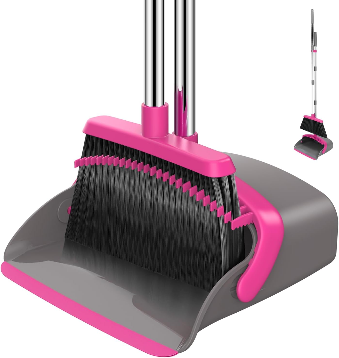 Broom and Dustpan Set, 52-In Long Adjustable Handle Broom Dustpan Combo with Dustpan Teeth to Automatically Clean Hair Suitable for Home Kitchen Office Hall Floor（Grey&Rose）