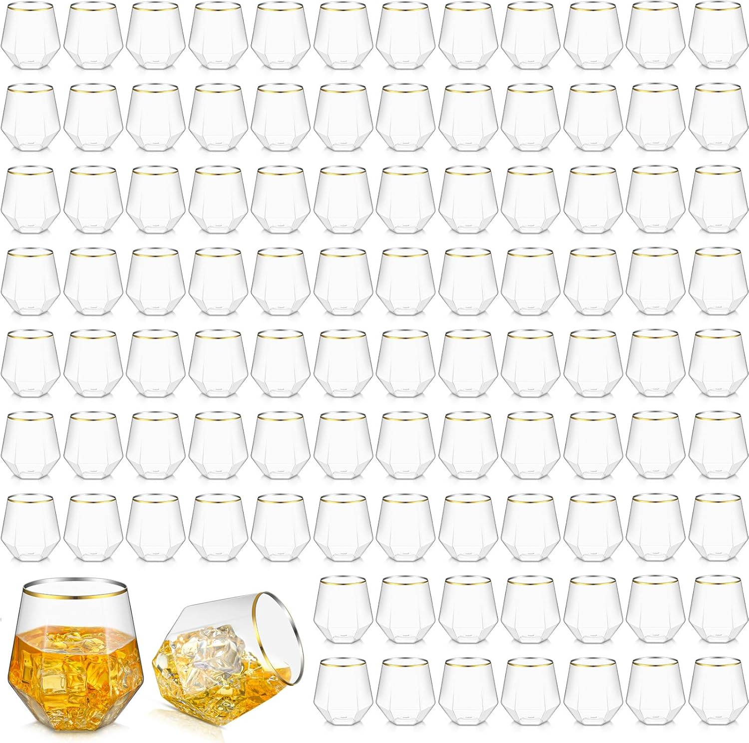 100 Pack Unbreakable Stemless Wine Glasses with Gold Rim, 12 Oz