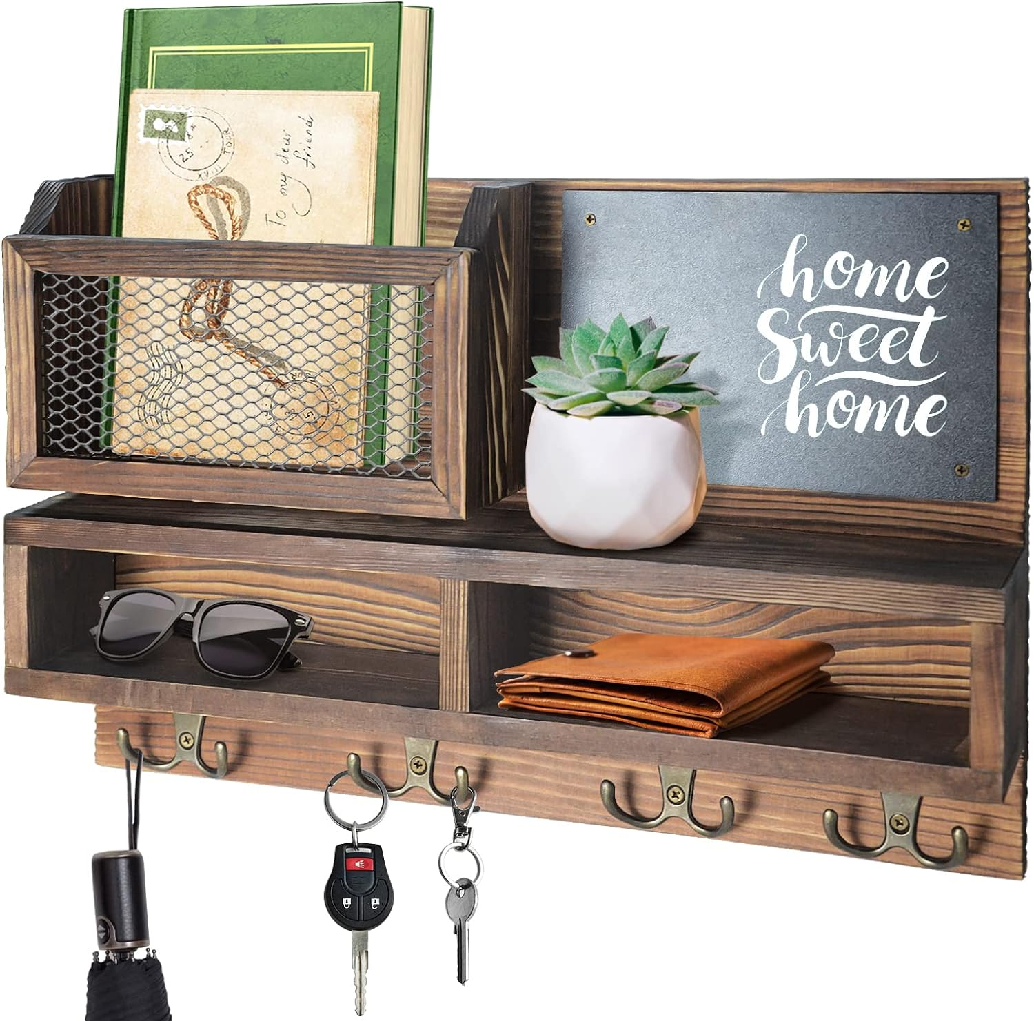 Wood Mail Key Holder, Key Hanger For Wall, Mail Holder, Key Holder With Shelf, Large Entryway Shelf With Hooks, Entry Way Key Organizer