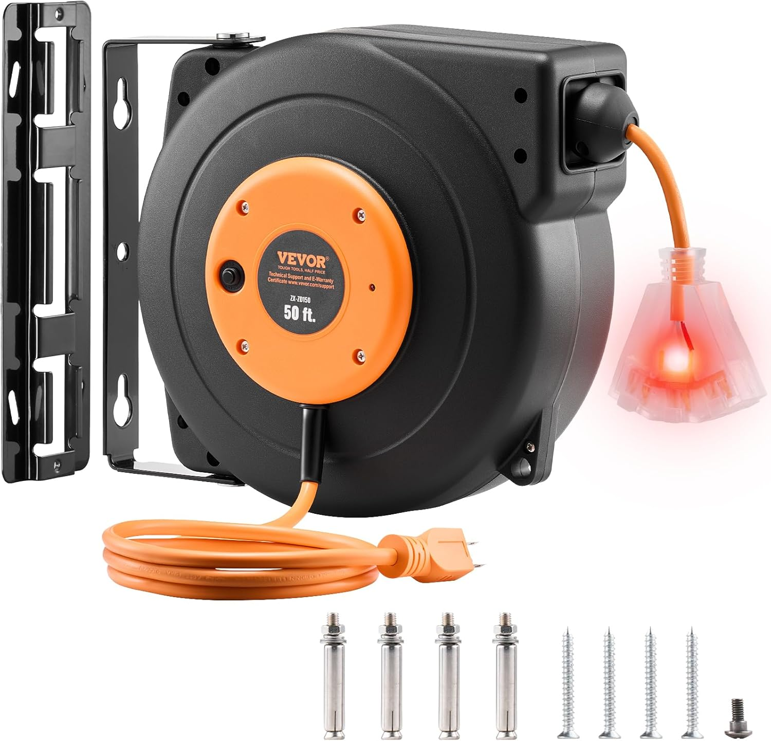 VEVOR Retractable Extension Cord Reel, 50 FT Heavy Duty 14AWG/3C SJTOW Power Cord with Lighted Triple Tap Outlet, 13 Amp Circuit Breaker, 180° Swivel Bracket for Ceiling or Wall Mount