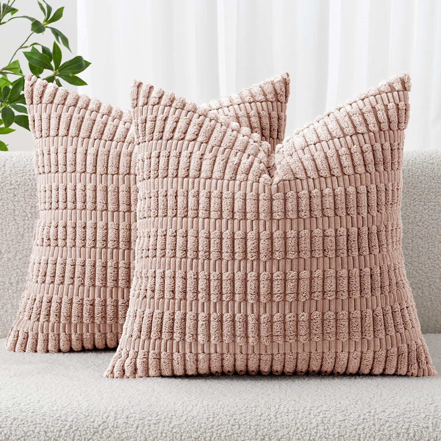 Pack of 2 Corduroy Decorative Throw Pillow Covers 20x20 Inch Soft Boho Striped Pillow Covers Modern Farmhouse Home Decor for Sofa Living Room Couch Bed Pink Spring Valentine Decor
