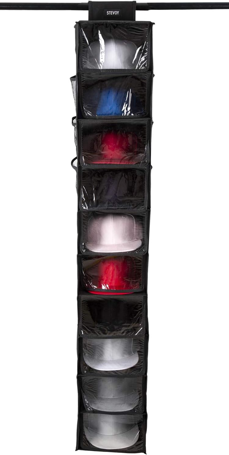 Hat Organizer for Baseball Caps, Hat Rack with Dust Shield and Side Pockets, 10 Shelf Hanging Closet Hat Shelf for Shoe & Cap Storage, Dust Proof Hat Holder & Cap Organizer