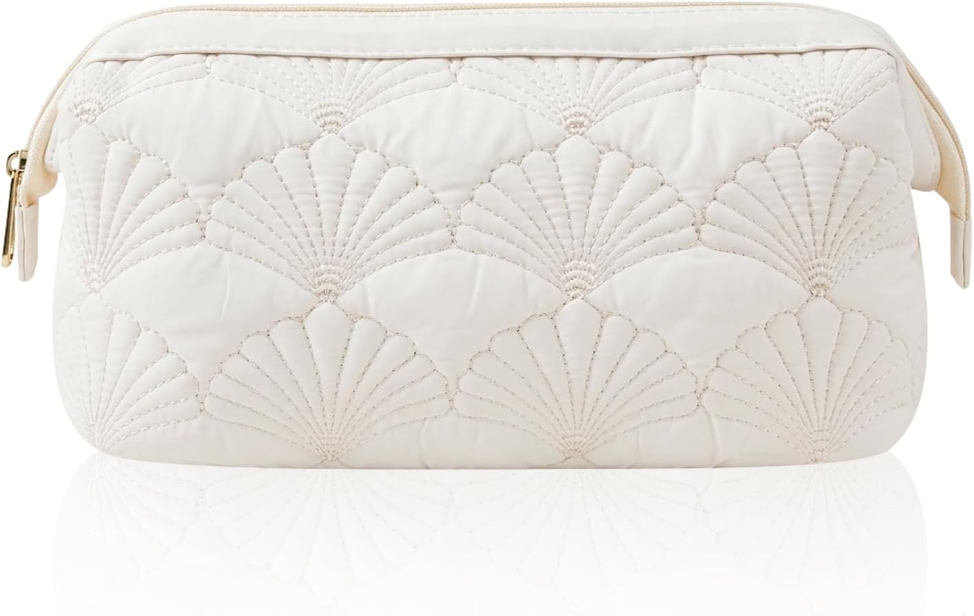 Puffy Padded Travel Makeup Bag for Women White Shell | Wide-Open Makeup Pouch, Cosmetic Bag for Brushes, Skincare & Toiletries – Ideal for Travel, Gym or Daily Carry