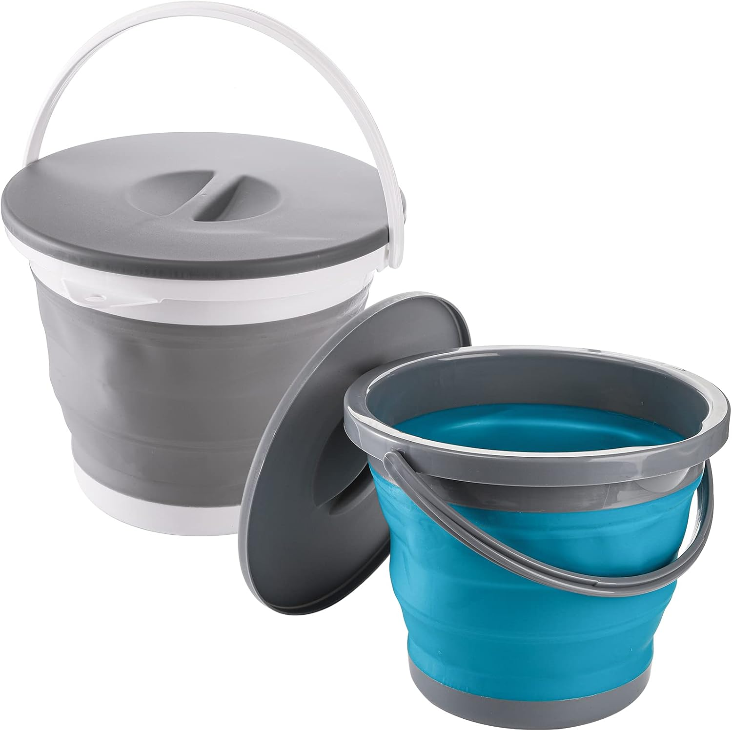 Bekith 2 Pack Collapsible Plastic Bucket with Locking Lid, 5L / 1.32 Gallon Foldable round Tub Portable Fishing Water Pail for Hiking, Backpacking, Camping and Outdoor Survival (Blue, Gray)