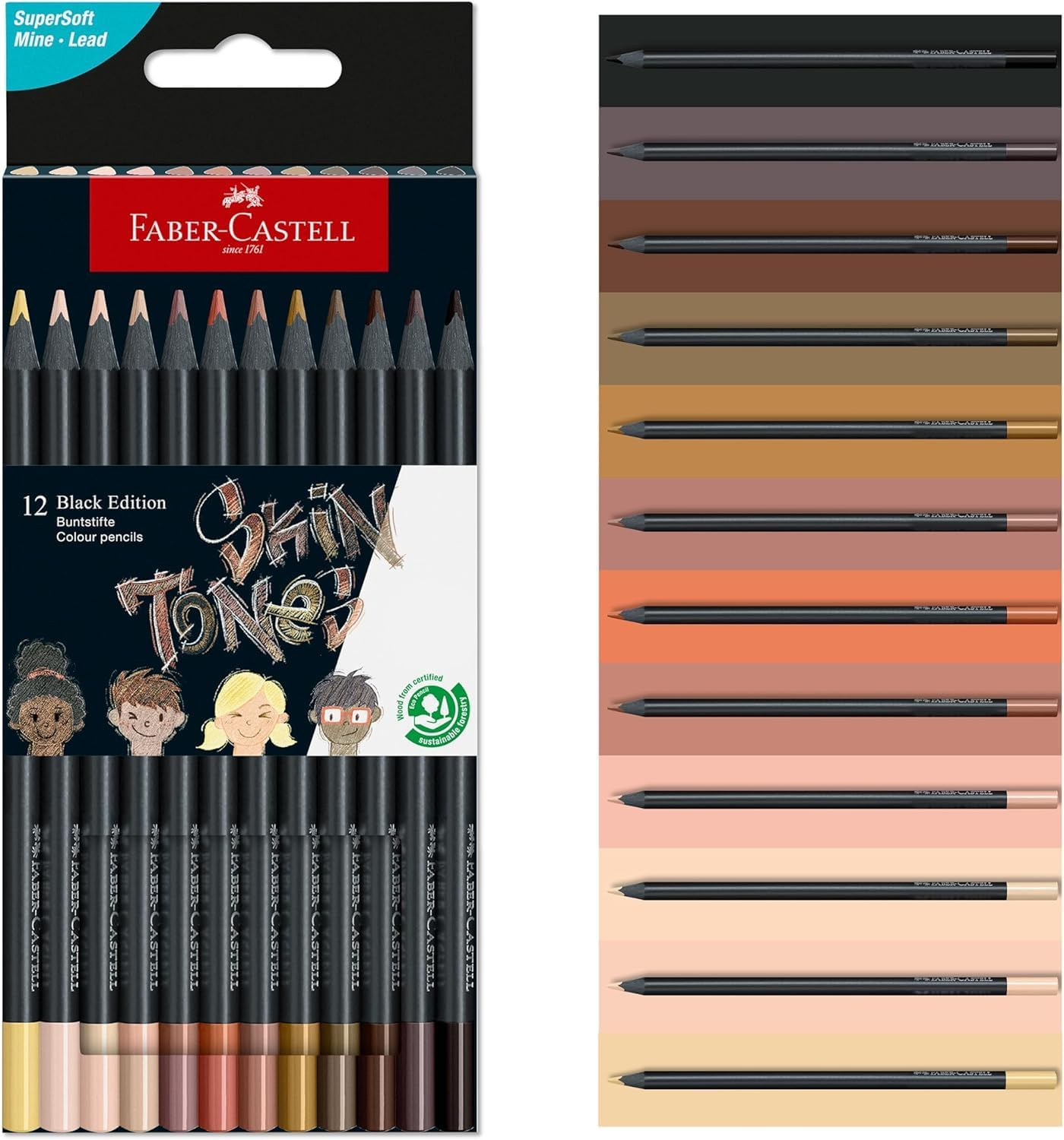 Faber-Castell Black Edition Skin Tone Colored Pencils: 12 Count, Black Wood and Super Soft Core Lead, Skin Tone Colored Pencil Set, Coloring Pencils for Kids, and Beginners, Art Supplies for Teens