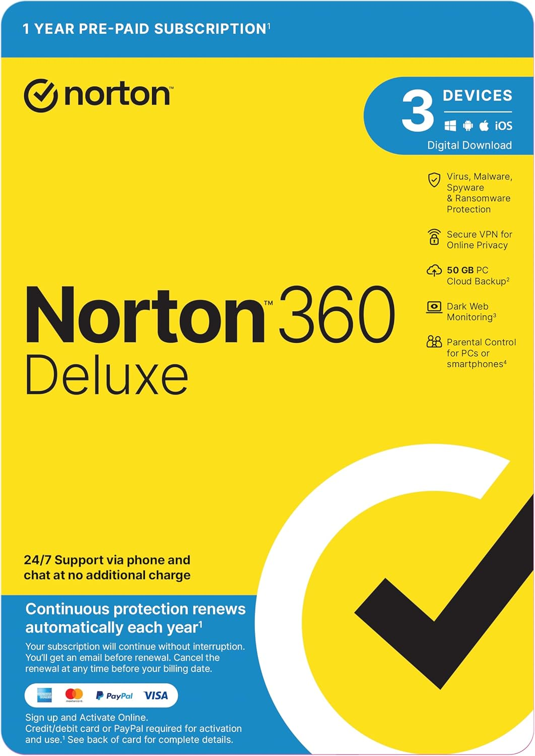 360 Deluxe, Antivirus Software for 3 Devices with Auto-Renewal - Includes Advanced AI Scam Protection, VPN, Dark Web Monitoring & 50 GB PC Cloud Backup [Digital Code]