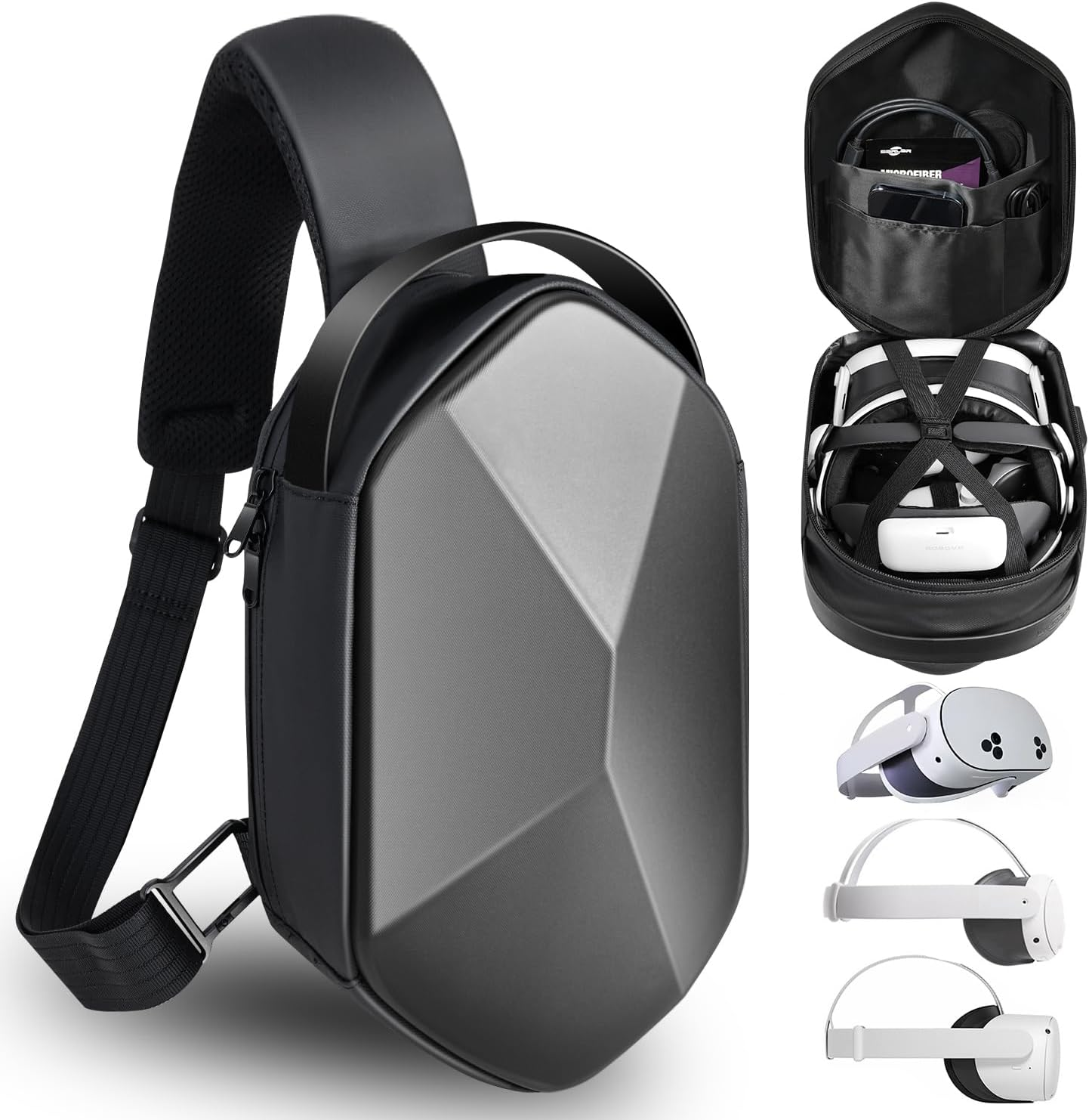 Travel Carrying Case for Oculus Meta Quest 3S/Quest 3/Quest 2 VR Headset and Controller Accessories, Large Space Hard Case Fits Bobovr/Kiwi Design Battery Head Strap, Crossbody Sling Bag