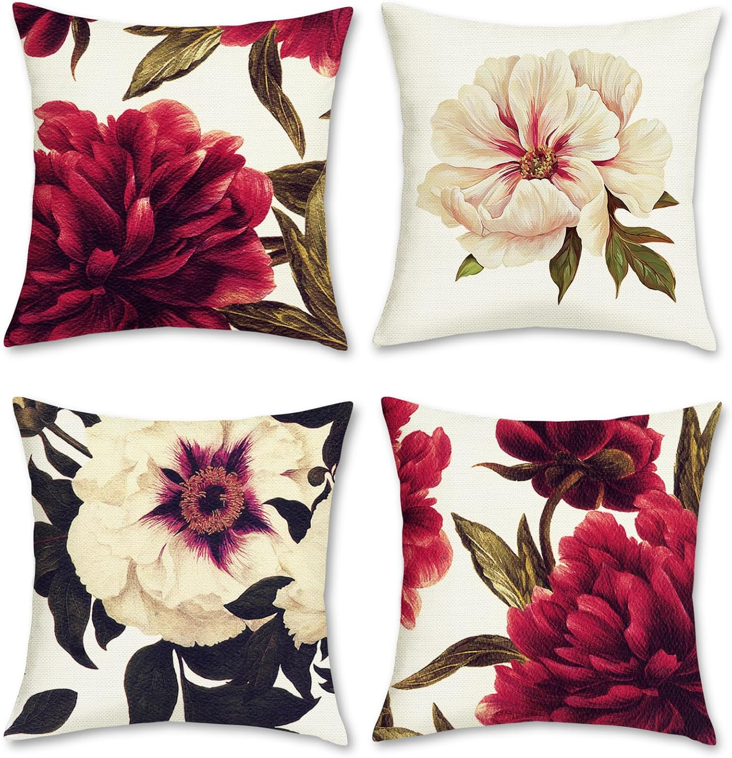 Peony Floral Throw Pillow Covers 18x18 Inch Burgundy Red Flower Outdoor Decorative Pillow Cases Polyester Linen Cushion Covers for Sofa Couch Bedroom Home Decor Set of 4
