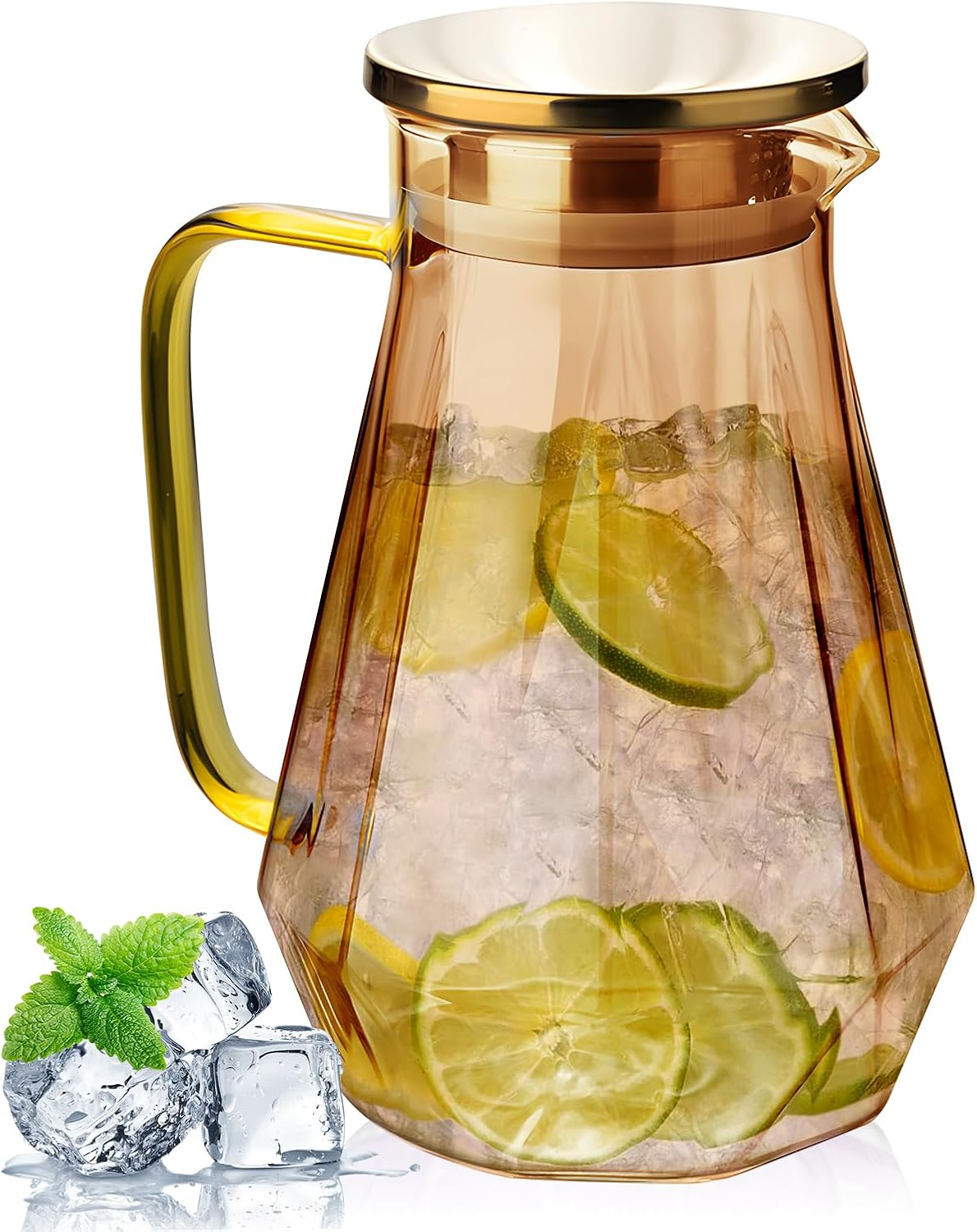 68Oz Glass Pitcher with Wide Handle and Gold Stainless Steel Lid for Fridge Door,Leak-Proof Water Jug Heat Resistant Glass Water Carafe for Iced Tea, Milk,Dishwasher Safe(Amber)