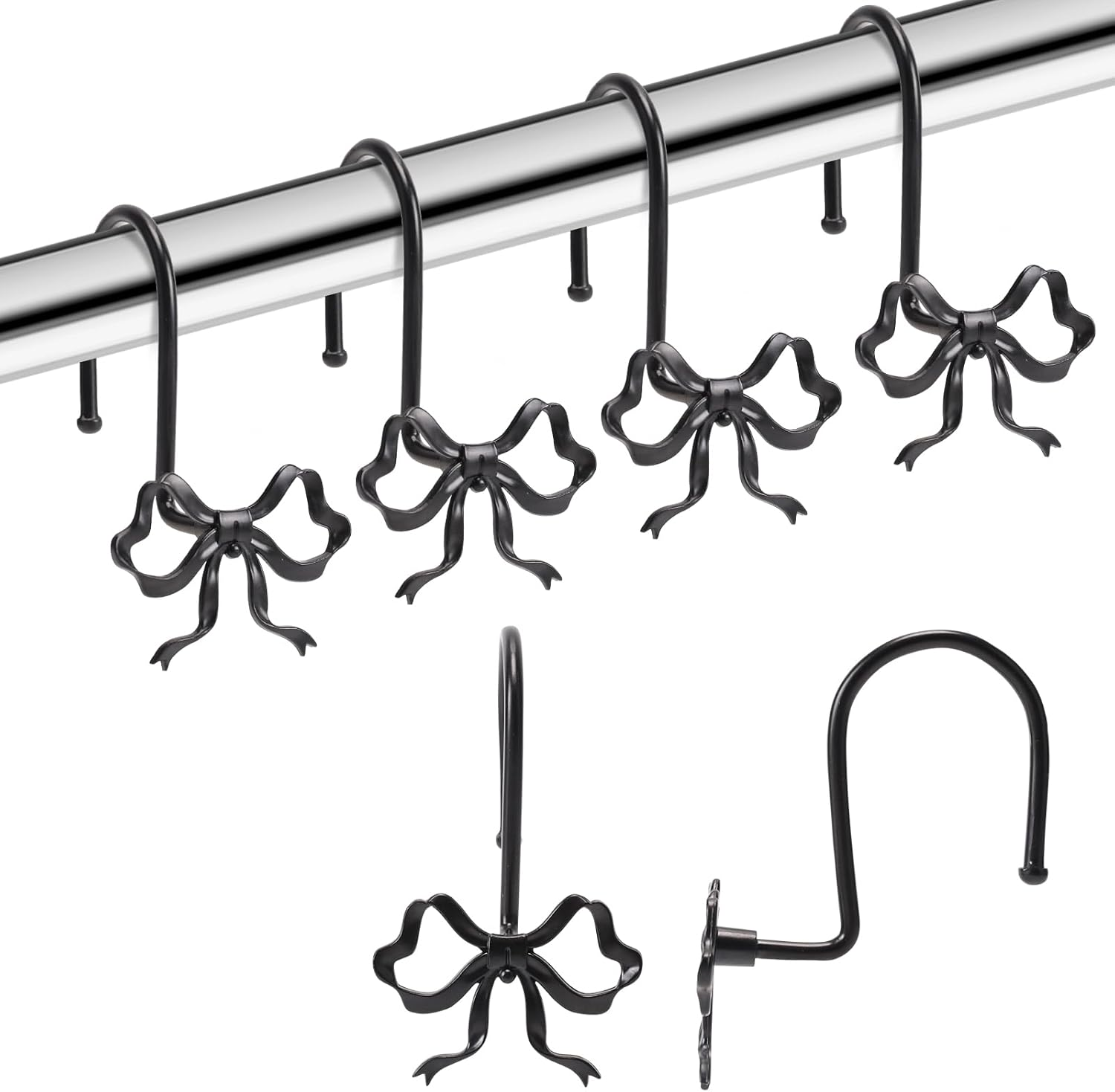 Rustproof Bow Shower Curtain Hooks, 12-Pack Decorative Metal Rings (Black)
