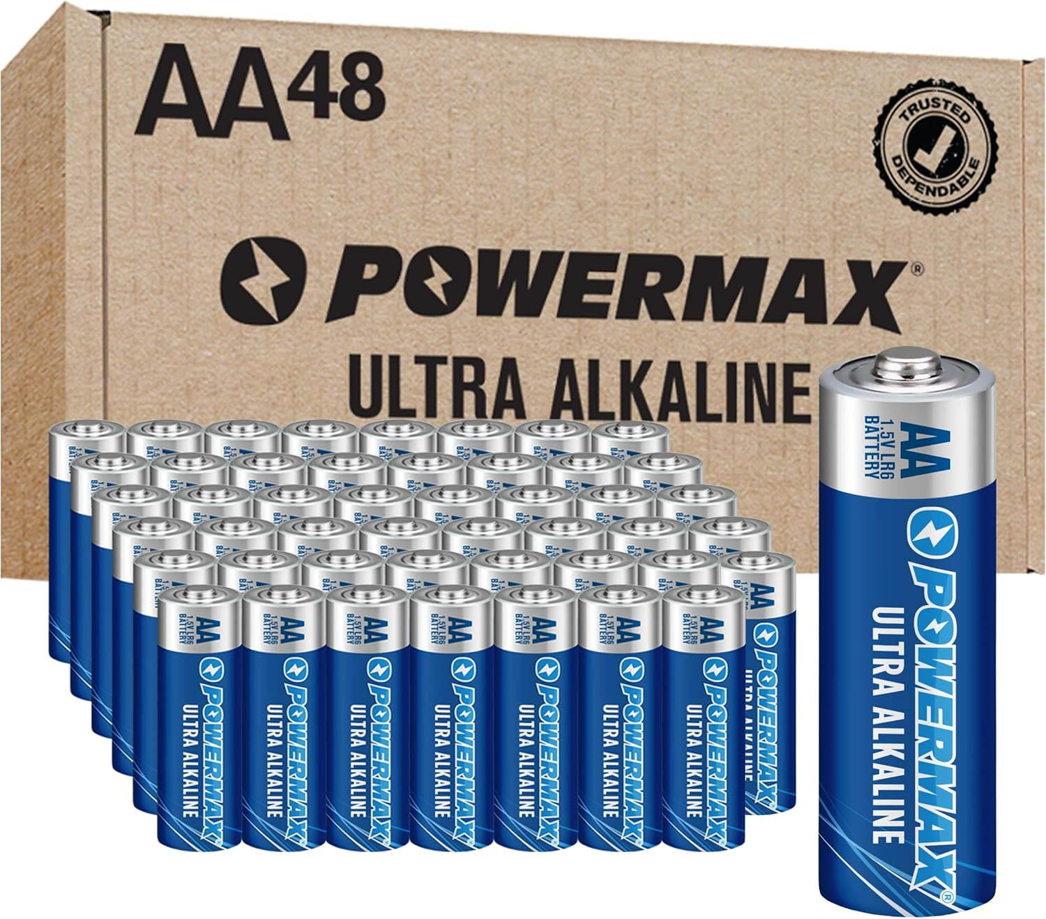 48-Count AA Batteries, Ultra Long Lasting Alkaline Battery, 10-Year Shelf Life, Reclosable Packaging