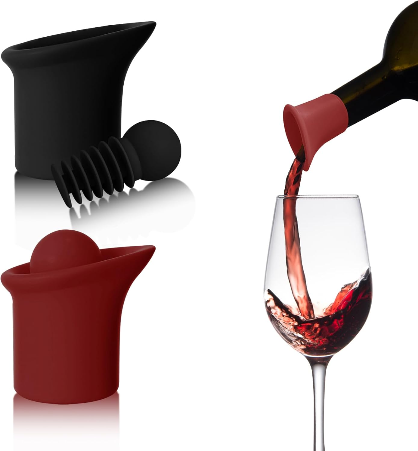 2 Pack 2 in 1 Silicone Wine Bottle Stoppers & Pourers, Upgraded Reusable Wine Preserver, Champagne Stoppers with Vacuum, Ideal Gift Accessory for Wine Lovers (Black&Red)