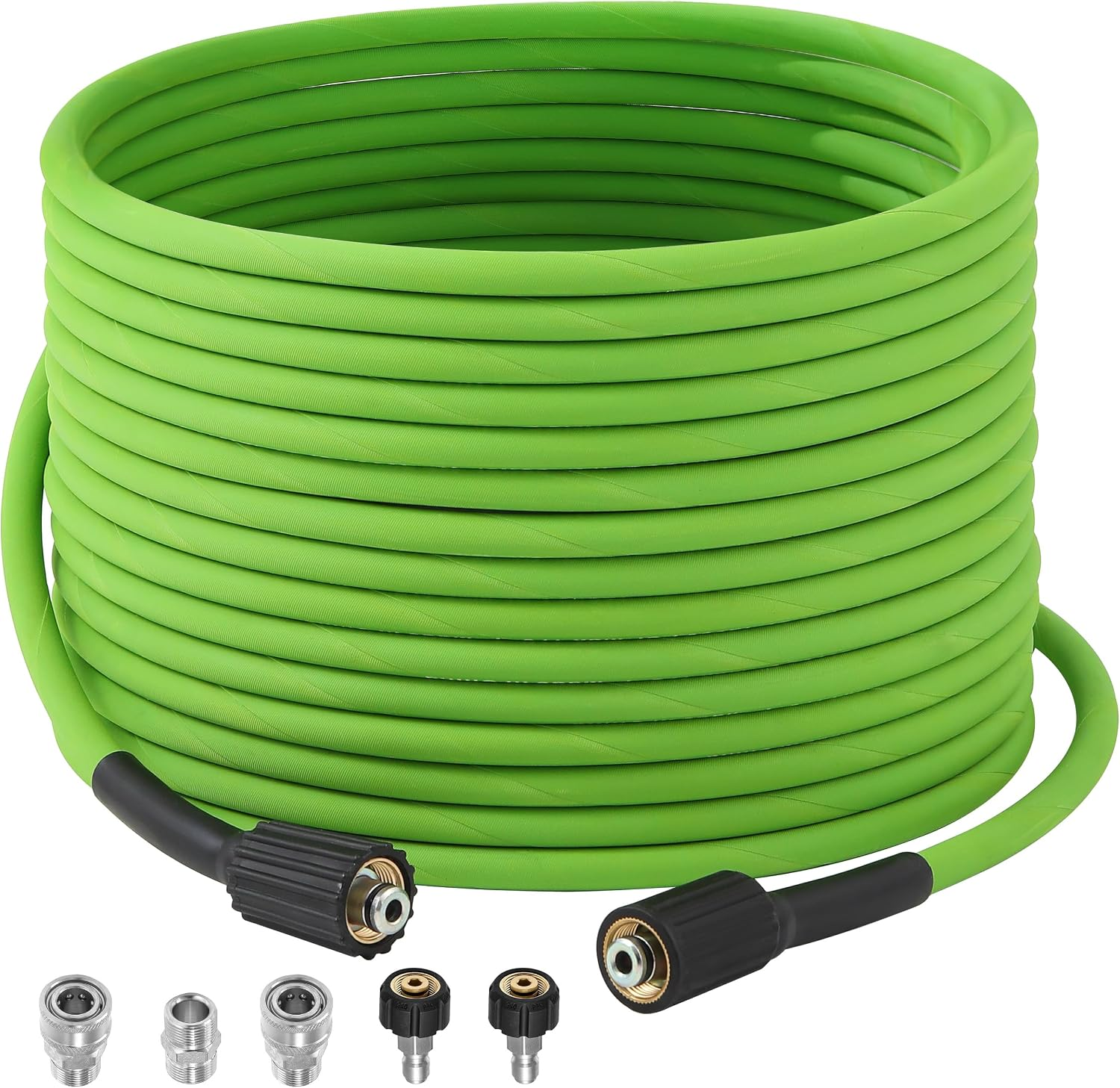 Pressure Washer Hose 50 FT, 1/4" ID Steel Braided Power Washer Hose | M22-14Mm Fittings, 4000 PSI High Pressure Wash Replacement Hose, Universal Adapter Kit, Green