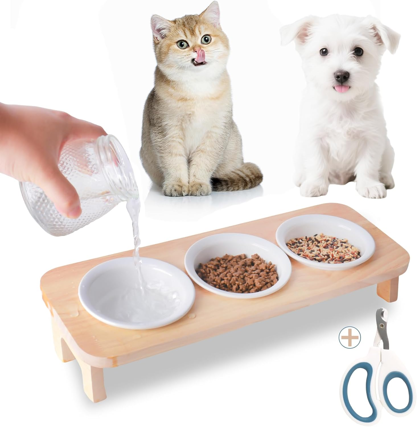 3 Elevated Cat Food and Water Bowl Set with Stand,15°Tilted Raised Pet Bowlfor Kittens/Puppy with 3 Ceremic Dishes, Indoor Cat Food Bowl,Anti-Vomit & Whisker Fatigue Relief, Dishwasher Safe