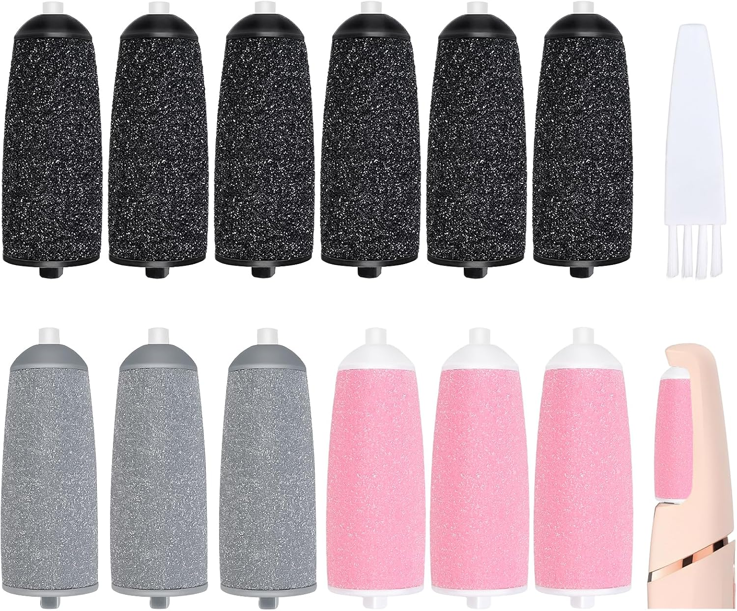 13 Pcs Replacement Roller Heads for Flawless Pedi, Suit for Finishing Touches Flawless Pedi Electric Foot File, 6 Pcs Black Coarse&3 Pcs Gray Fine&3 Pcs Pink Fine,1 Pc Cleaning Brush