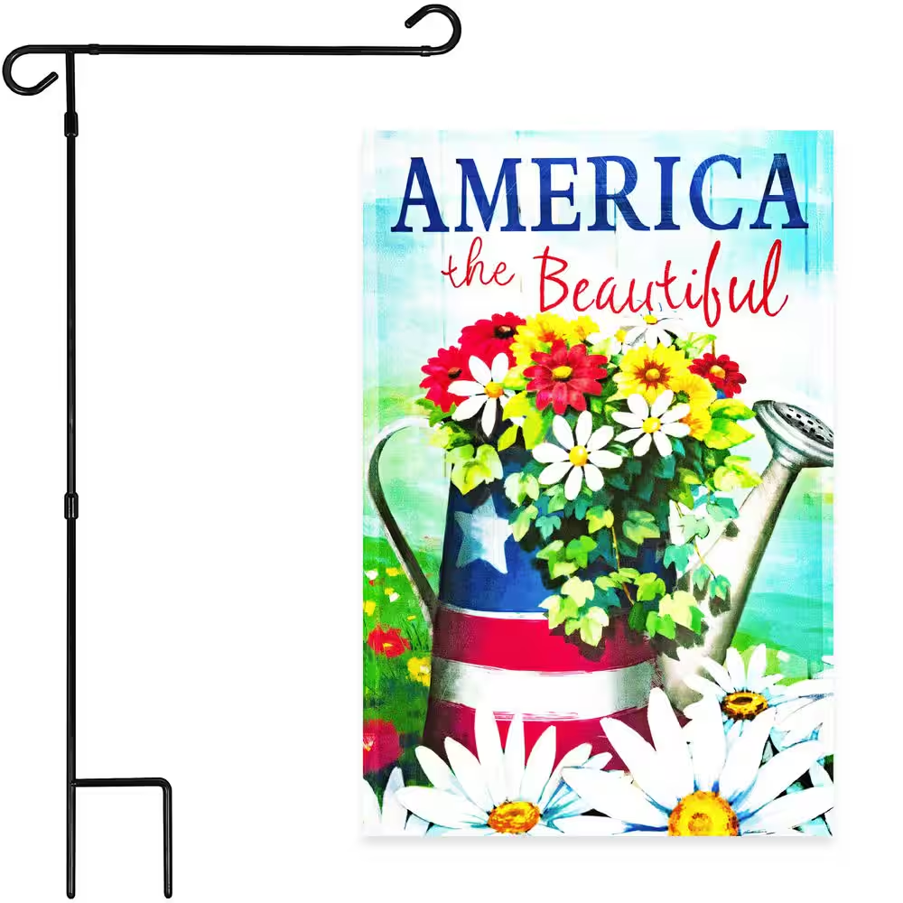 1 Ft. X 1.5 Ft. Polyester Beautiful USA Spring Flowers Watering Can Patriotic Garden Flag with 3 Ft. Black Iron Flagpole