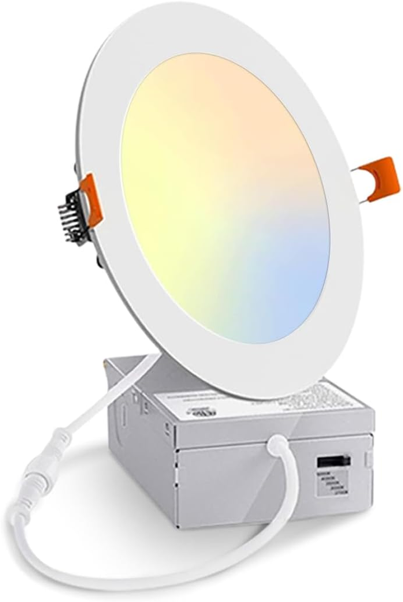 1 Pack 4 Inch White 5CCT Ultra-Thin LED Recessed Ceiling Light, 2700K-5000K Selectable, with Junction Box, Dimmable Canless Wafer Downlight 12W Equivalent 110W, 1080LM High Brightness, ETL Certified