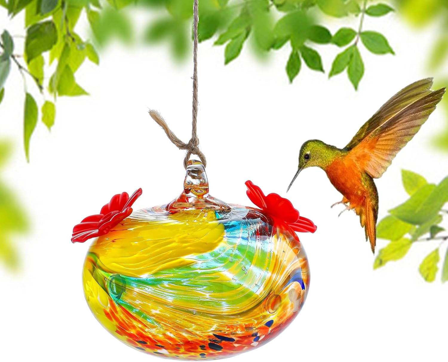 3inch Hand Blown Glass Hummingbird Feeders for Outdoors with 2 Feeding Ports Leak Proof Small Glass Humming Bird Feeder for Window Garden Patio Decoration