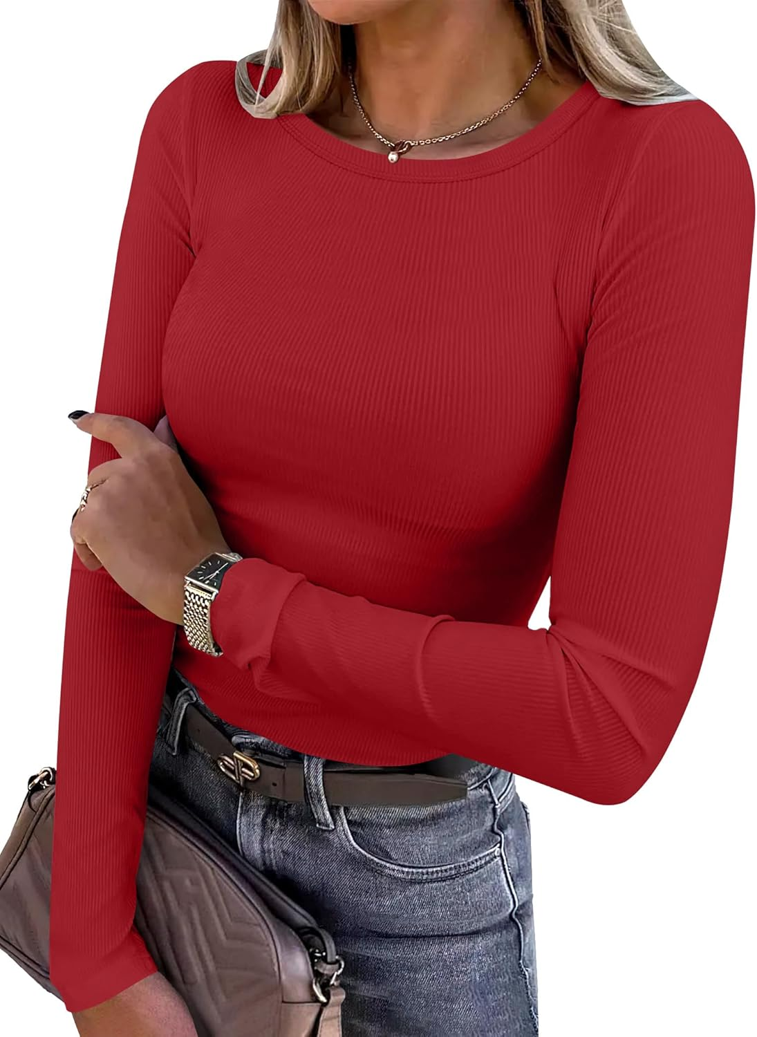 Women Long Sleeve Shirts Rib Knit Slim Fit Tops Basic Tee 2025 Fall Outfits Casual T-Shirt Underscrubs Layer Clothes
