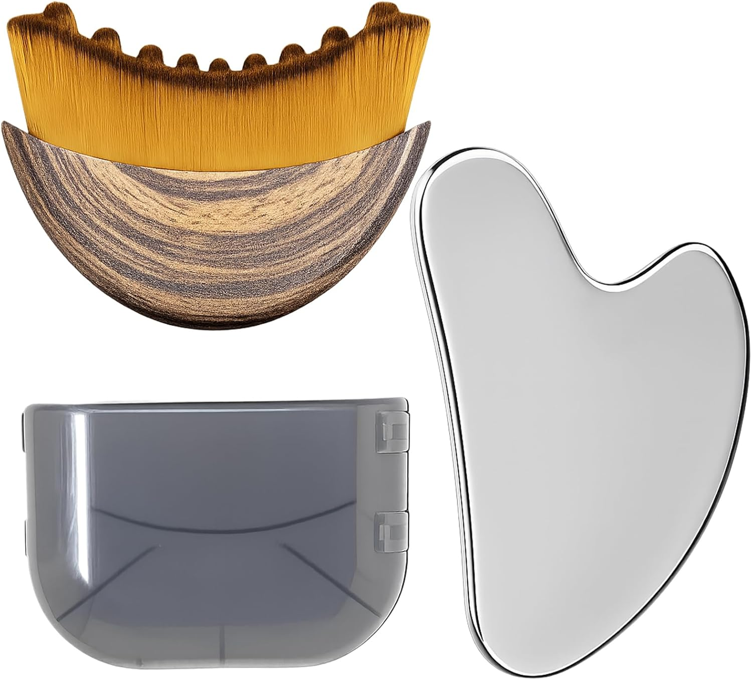 Stainless Steel Gua Sha Tool & Lymphatic Drainage Face Brush Set, Facial Massage Kit for Jawline Sculpting Puffiness Lifting Relaxation, Contour Face Brush with Storage Case
