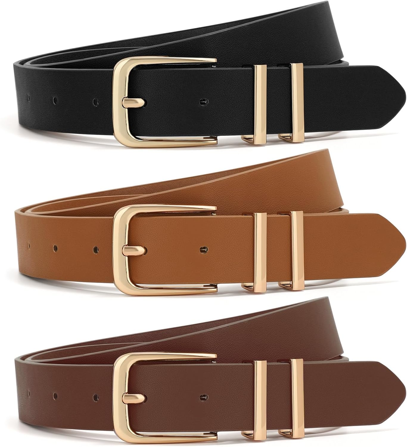 3 Pack Women Belts For Jeans Dresses Pants Ladies Leather Waist Belt with Gold Buckle