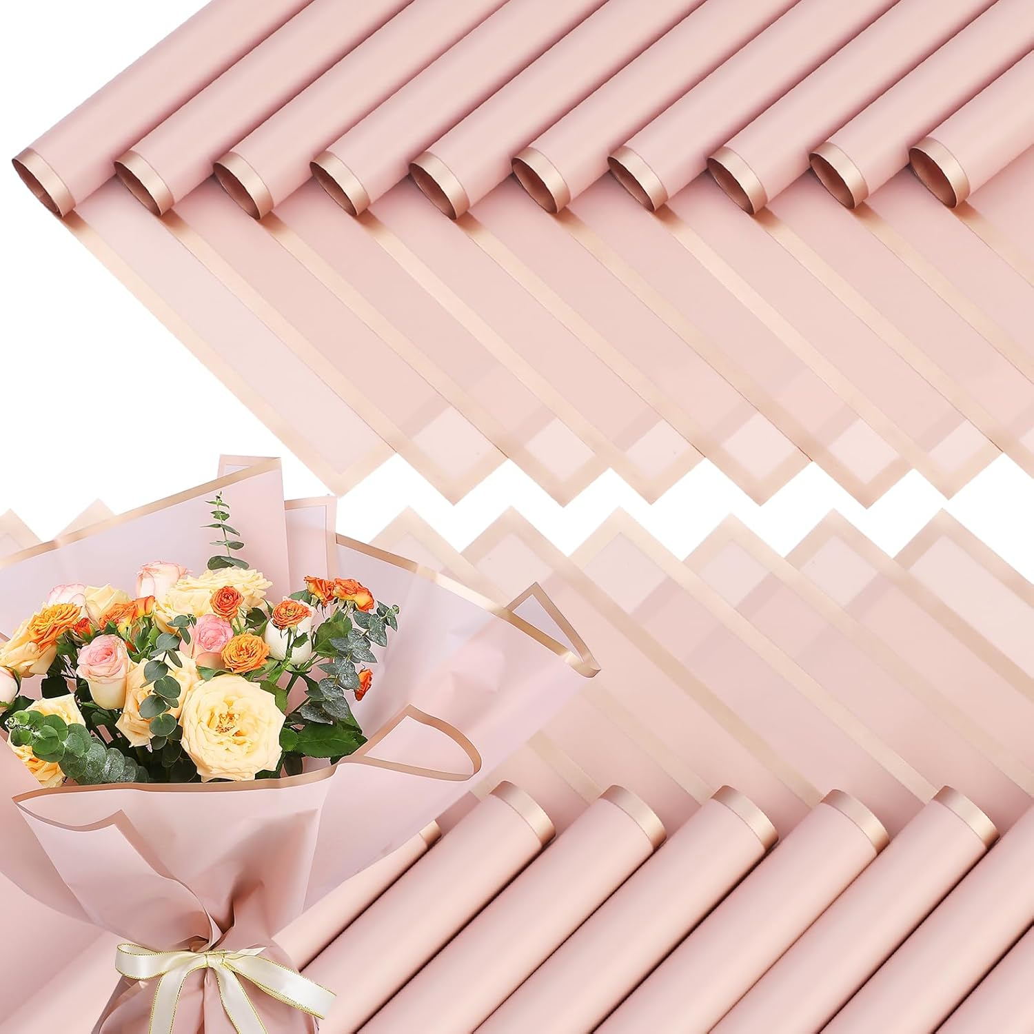 20 Sheets Gold Edge Flower Wrapping Rose Pink Colors Waterproof Translucent Bouquet Packaging Paper Florist Bouquet Supplies for Wedding
