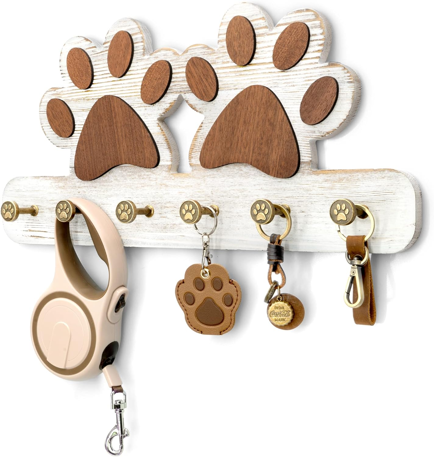 Farmhouse Key Holder for Wall - Decorative Dog Leash Hanger and Coat Rack Wall Mount with 6 Unique 3D Claw Hooks - Dog Toys Organizer for Rustic Home Decor (White)