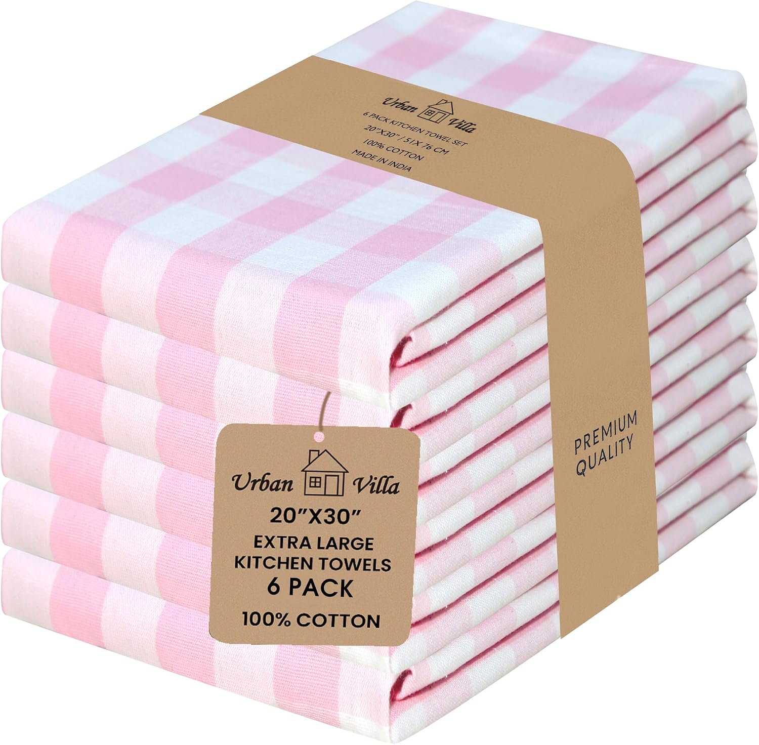 Kitchen Towels Cotton Dish Towels 20”X30” (Set of 6) Pink Wht