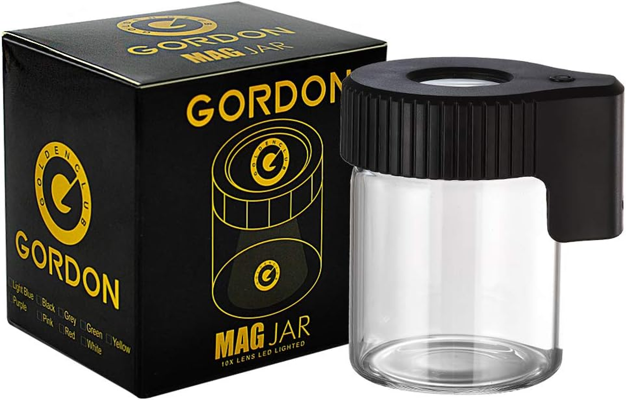 Magnifying Viewing Jar with LED Light, Transparent Light-Up Glass Storage Stash Jar with Mag Lid, Airtight, Smell Proof (Black)