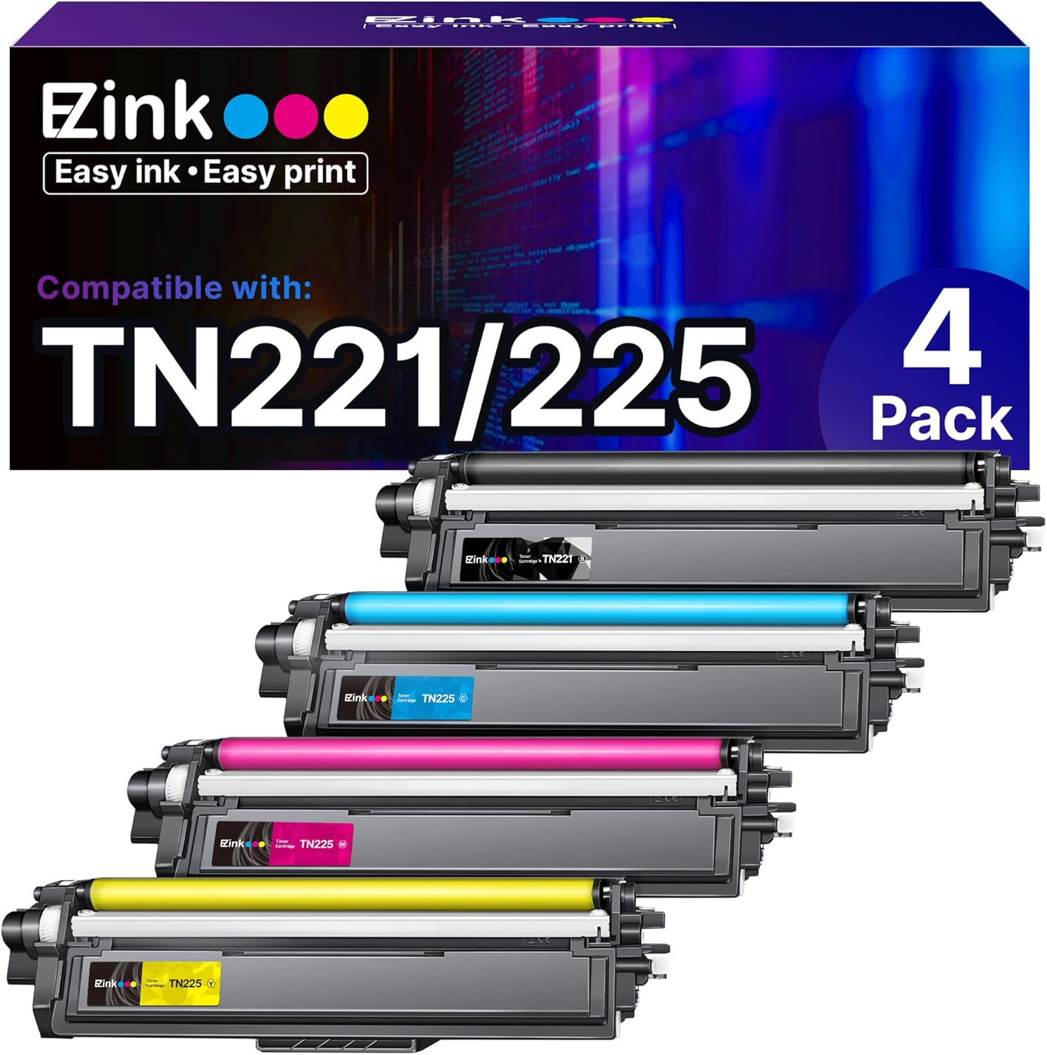 Compatible Toner Cartridge Replacement for Brother TN221 TN225 Toner to Use with MFC-9130CW HL-3170CDW HL-3180CDW MFC-9340CDW MFC-9330CDW (1 Black 1 Cyan 1 Magenta 1 Yellow,4 Pack)