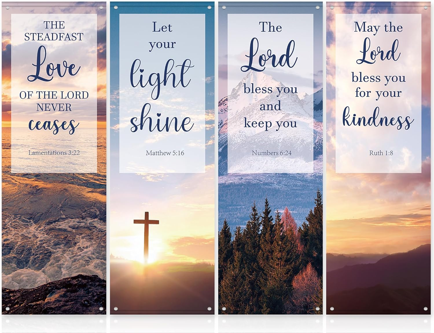 4Pcs Church Banners with Scripture for Sanctuary Wall Worship Classical Christian Banner Inspirational Religious Praise Hanging Sign Scenic Pattern Backdrop for Christmas Church Sunday School Decor