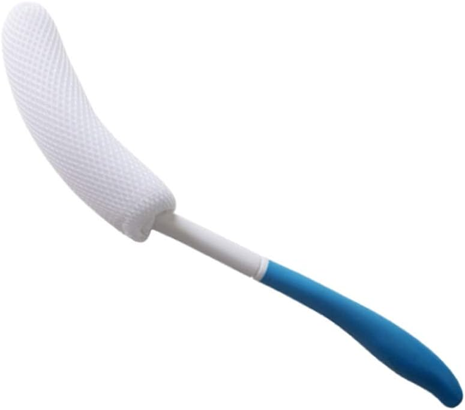 Magideal Vinyl Quote Me Long Anti-Slip Curve Handled Bath Body Brush, Easy Reach for Seniors, Suitable for Elderly/Pregnant Aid Bathing & Shower, Blue, 15.35