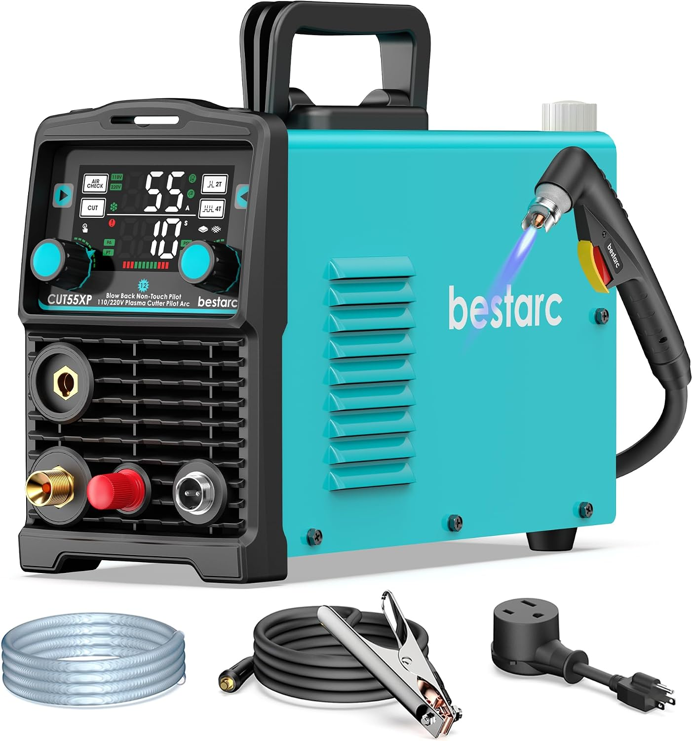  55A Non-Hf Plasma Cutter Machine 110V/220V Dual Voltage, 5/8" Clean Cut 4/5" Max Cut, Post Flow, 2T/4T for Beginners DIY