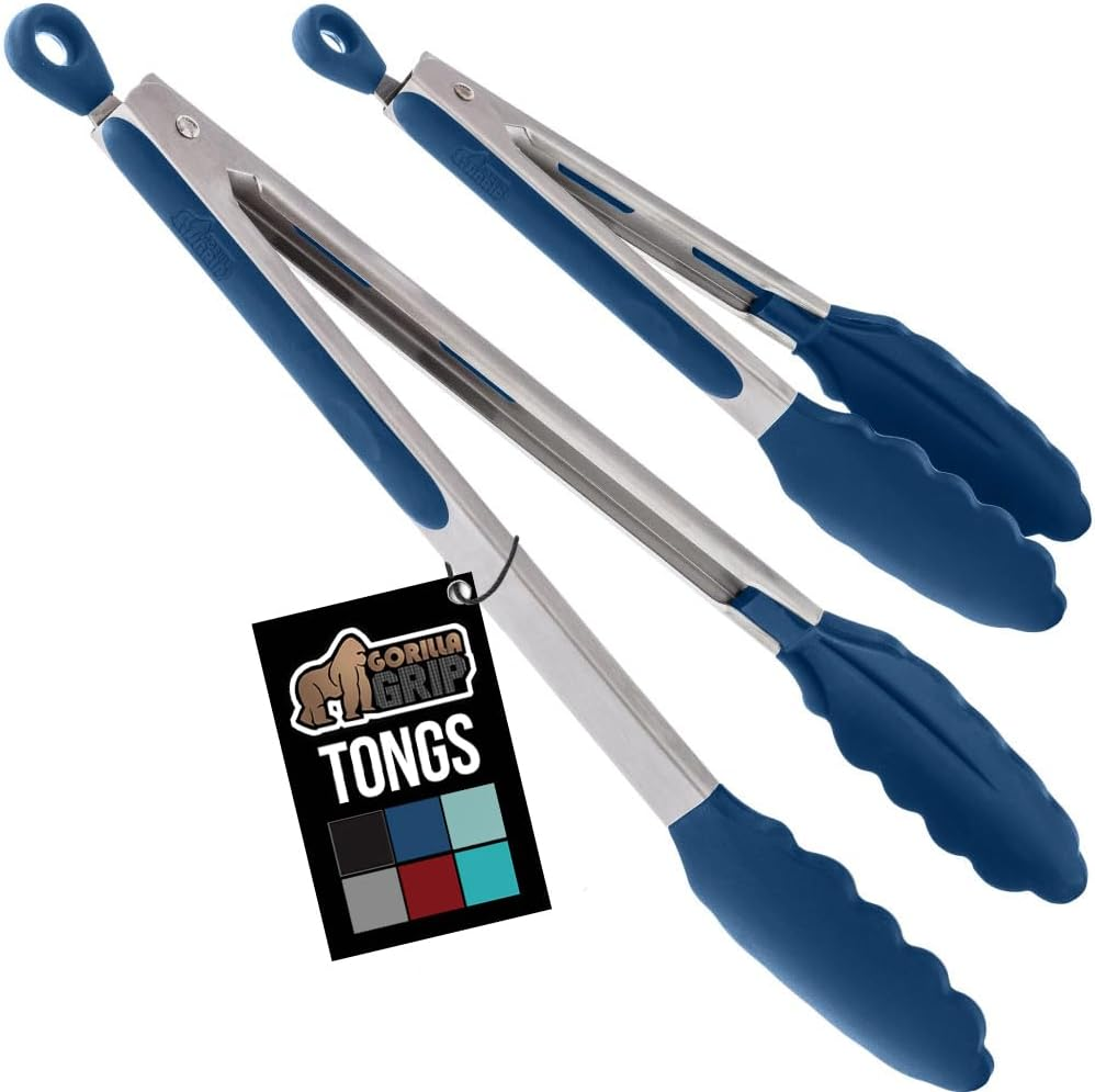 Stainless Steel Heat Resistant Kitchen Tongs for Cooking, 9 + 12 Inch, Set of 2 BBQ Tong, Non Scratch Silicone Tip for Pan, Strong Grip, Grab Food, Toss Salad, Air Fryer, Pull Lock, Blue