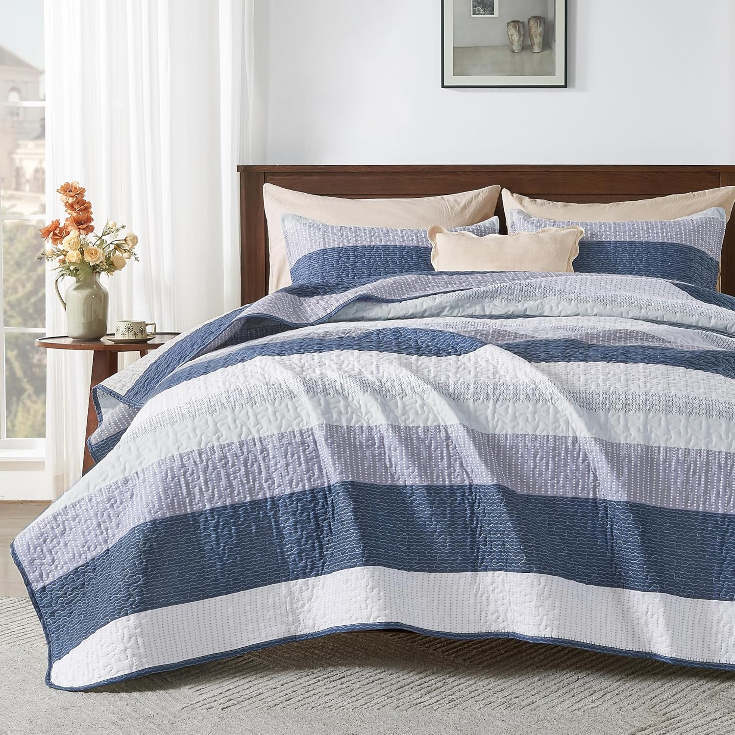King Size Quilt Set Mineral Blue, 3 Pieces Summer Ultra Soft Lightweight Bedspreads & Coverlets Set, Patchwork Striped Quilted Bedding Sets for All Seasons (1 Quilt, 2 Pillow Shams)