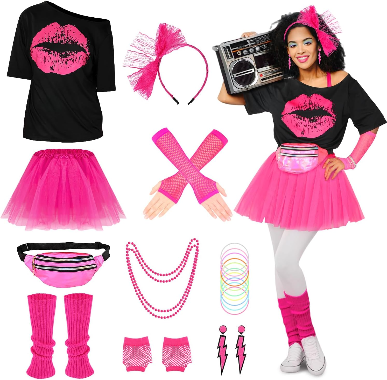 SlowTon 80s Outfits Costumes Accessories for Women - 1980s Fancy Dress with P... - Picture 2 of 14