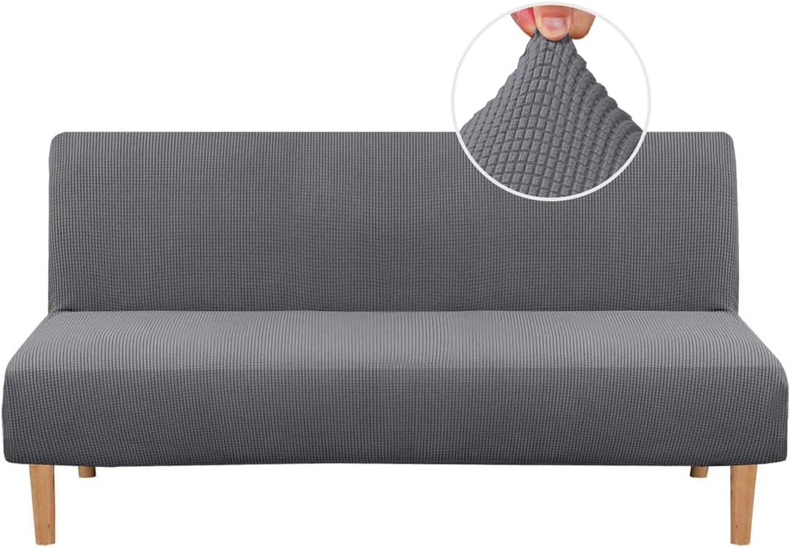Armless Futon Cover Stretch Sofa Bed Slipcover Protector Elastic Feature Rich Textured High Spandex Small Checks Jacquard Fabric Futon Cover, Machine Washable, Gray
