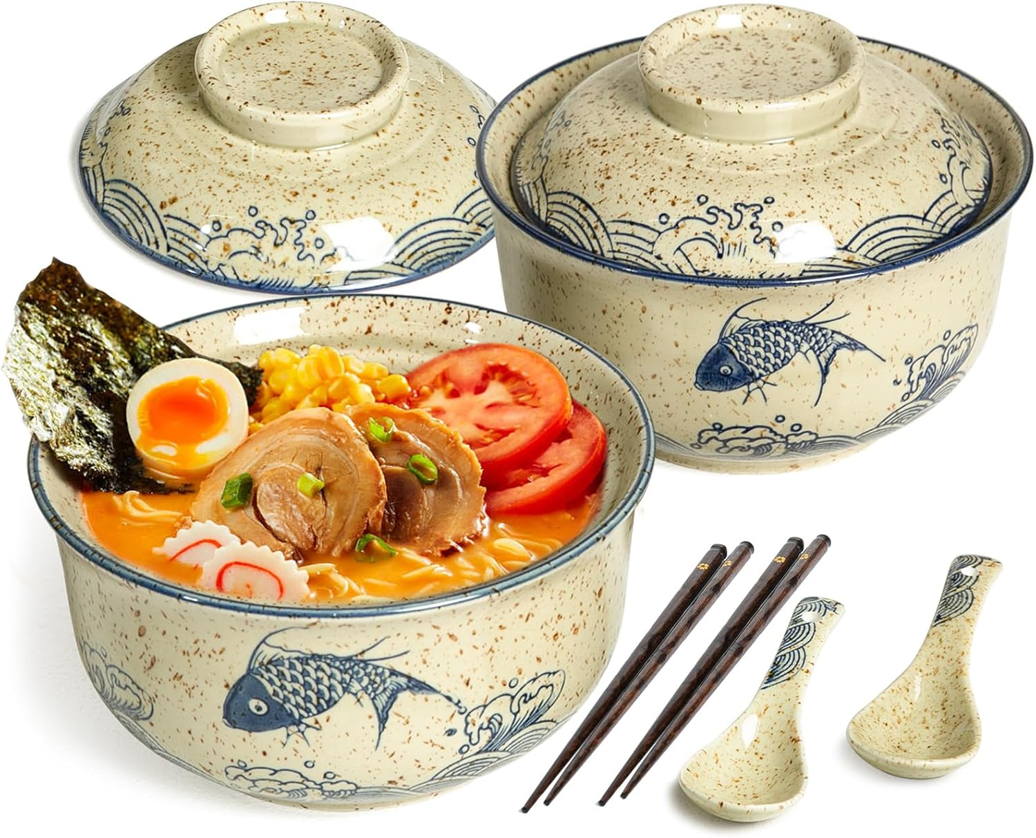 Ceramic Ramen Bowl Set of 2, Ramen Noodle Bowl with Lid 27Oz Japanese Retro Style Soup, Pho, Udon Bowls, Matching Spoons and Chopsticks for Microwave & Dishwasher Safe, Fish